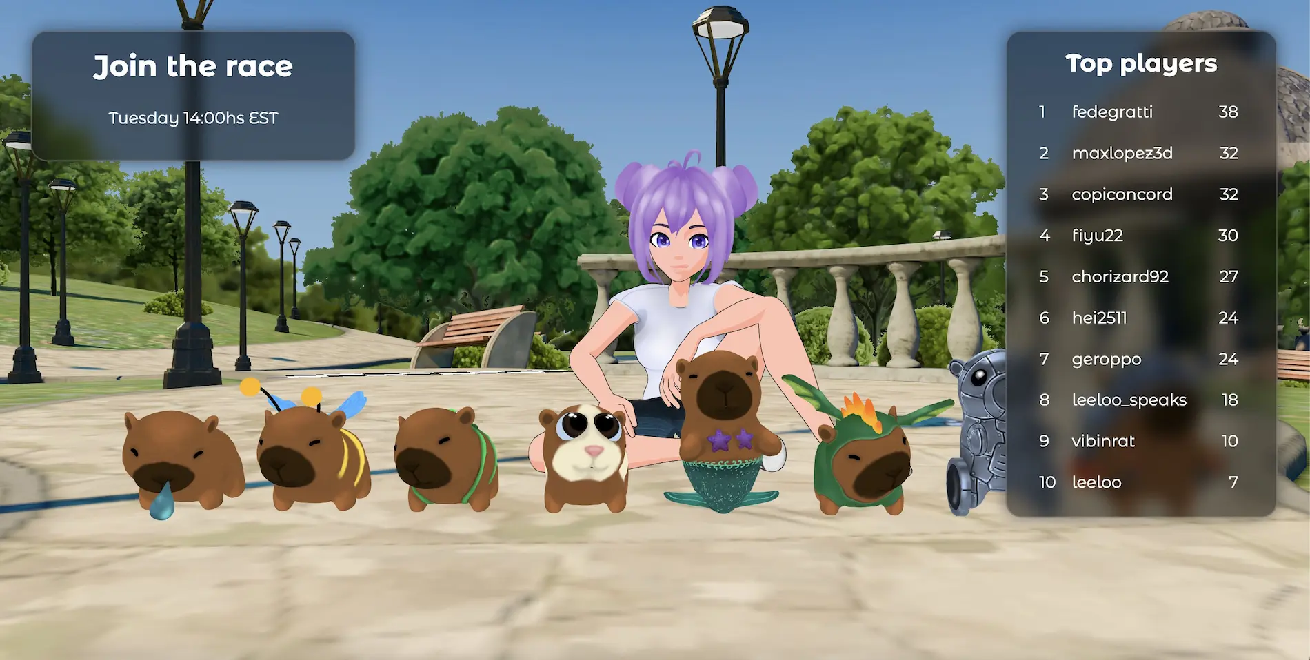 Leeloo - She is joined by eight capybara companions, each with a distinctive personality.
